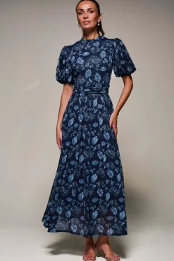 Jolie Moi Occasion Dresses|Mesh Dresses-Puffy Sleeve Printed Mesh Maxi Dress, Navy Floral