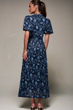 Jolie Moi Occasion Dresses|Mesh Dresses-Puffy Sleeve Printed Mesh Maxi Dress, Navy Floral