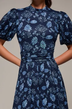 Jolie Moi Occasion Dresses|Mesh Dresses-Puffy Sleeve Printed Mesh Maxi Dress, Navy Floral