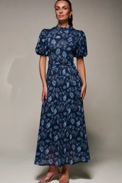 Jolie Moi Occasion Dresses|Mesh Dresses-Puffy Sleeve Printed Mesh Maxi Dress, Navy Floral