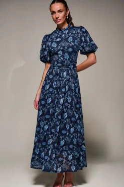 Jolie Moi Occasion Dresses|Mesh Dresses-Puffy Sleeve Printed Mesh Maxi Dress, Navy Floral