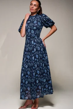 Jolie Moi Occasion Dresses|Mesh Dresses-Puffy Sleeve Printed Mesh Maxi Dress, Navy Floral