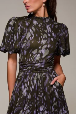 Jolie Moi Occasion Dresses|Mesh Dresses-Puffy Sleeve Printed Mesh Maxi Dress, Purple Abstract