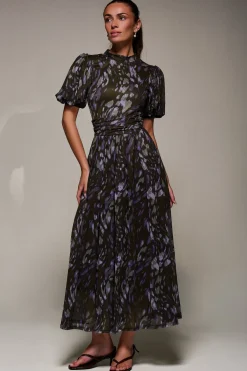 Jolie Moi Occasion Dresses|Mesh Dresses-Puffy Sleeve Printed Mesh Maxi Dress, Purple Abstract