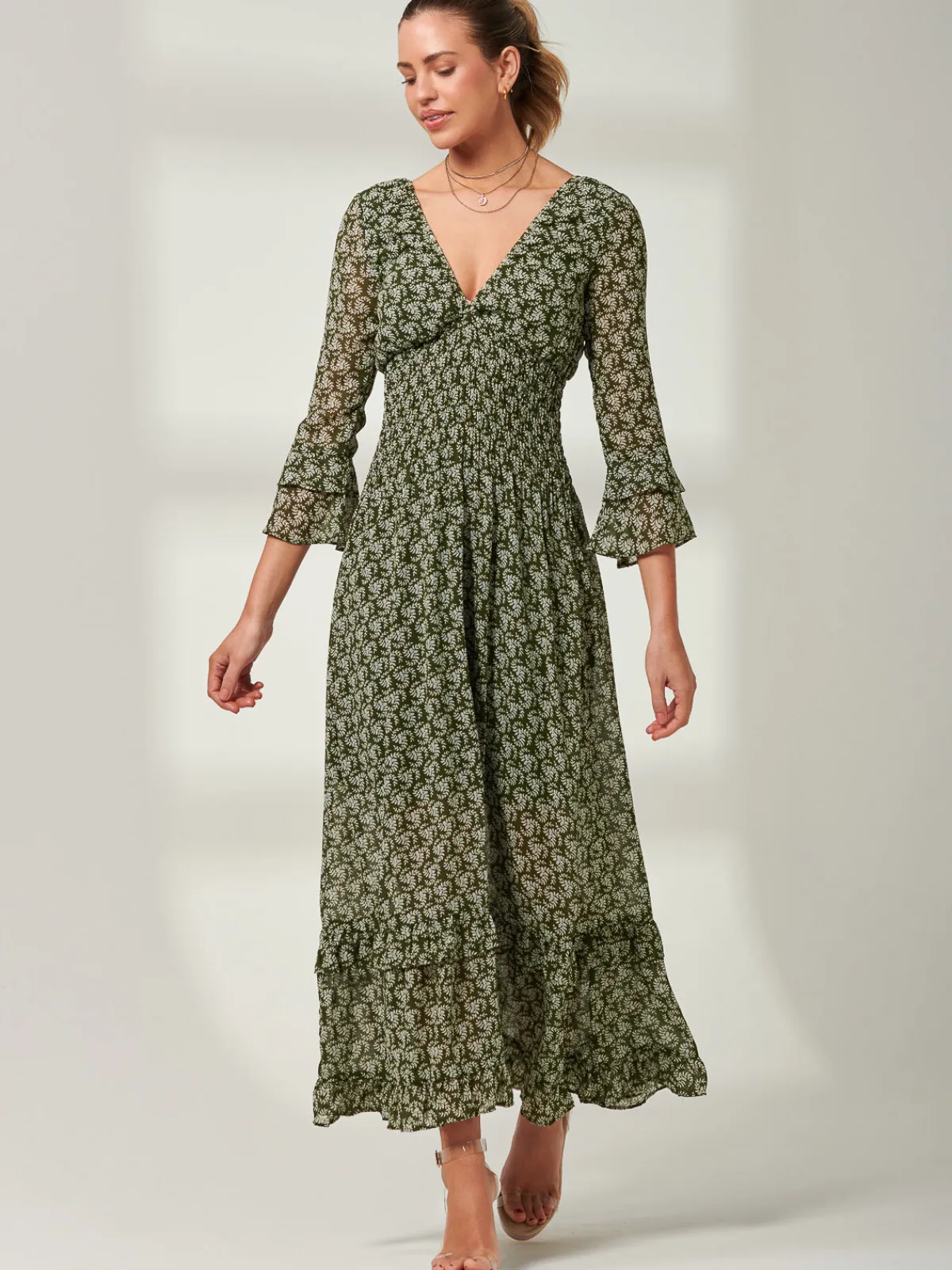 Jolie Moi Occasion Dresses|Weekend Casuals-Qaiya Shirred Chiffon Maxi Dress, Green Floral