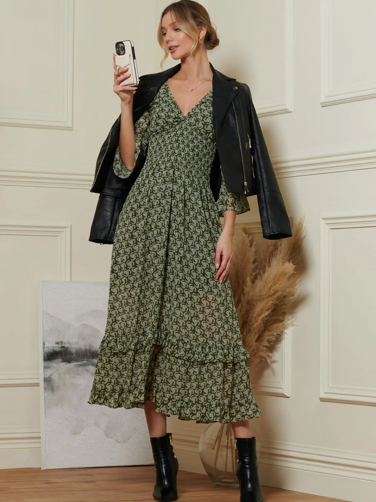 Jolie Moi Occasion Dresses|Weekend Casuals-Qaiya Shirred Chiffon Maxi Dress, Green Floral