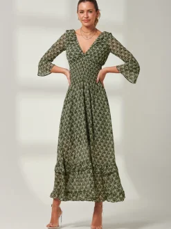 Jolie Moi Occasion Dresses|Weekend Casuals-Qaiya Shirred Chiffon Maxi Dress, Green Floral