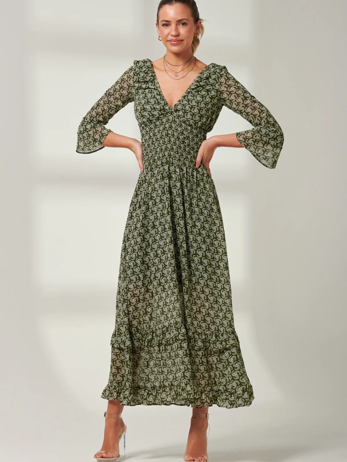 Jolie Moi Occasion Dresses|Weekend Casuals-Qaiya Shirred Chiffon Maxi Dress, Green Floral
