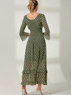 Jolie Moi Occasion Dresses|Weekend Casuals-Qaiya Shirred Chiffon Maxi Dress, Green Floral