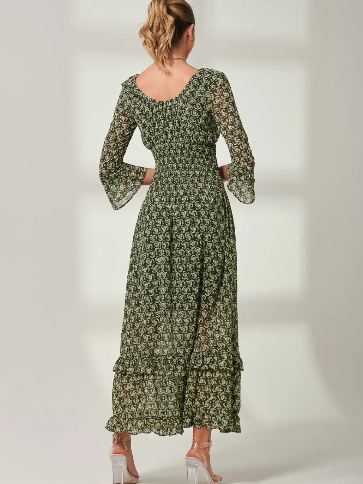 Jolie Moi Occasion Dresses|Weekend Casuals-Qaiya Shirred Chiffon Maxi Dress, Green Floral