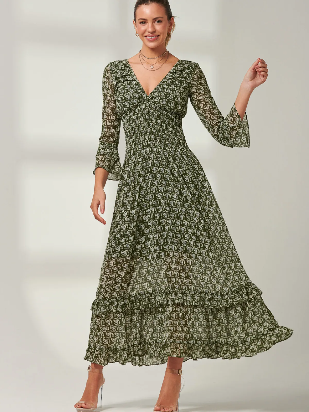 Jolie Moi Occasion Dresses|Weekend Casuals-Qaiya Shirred Chiffon Maxi Dress, Green Floral