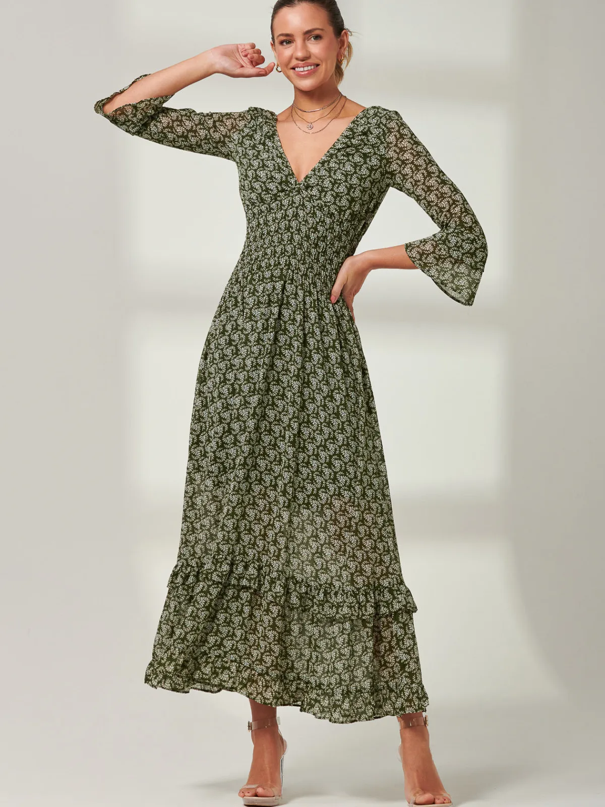 Jolie Moi Occasion Dresses|Weekend Casuals-Qaiya Shirred Chiffon Maxi Dress, Green Floral