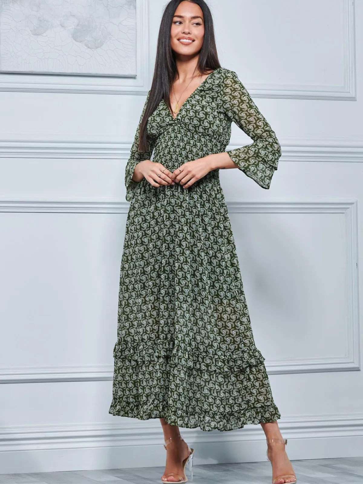 Jolie Moi Occasion Dresses|Weekend Casuals-Qaiya Shirred Chiffon Maxi Dress, Green Floral