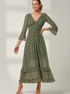 Jolie Moi Occasion Dresses|Weekend Casuals-Qaiya Shirred Chiffon Maxi Dress, Green Floral
