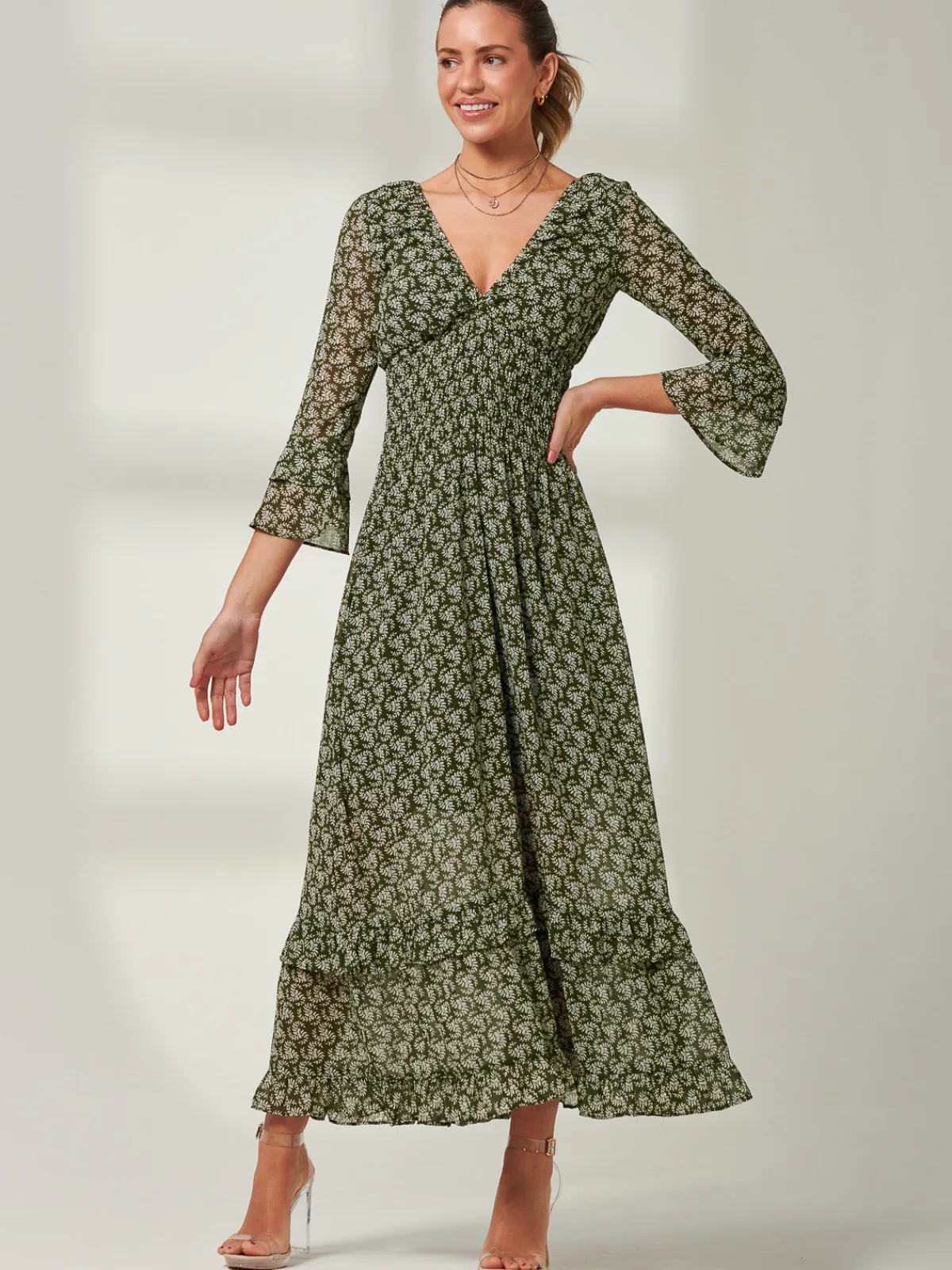 Jolie Moi Occasion Dresses|Weekend Casuals-Qaiya Shirred Chiffon Maxi Dress, Green Floral