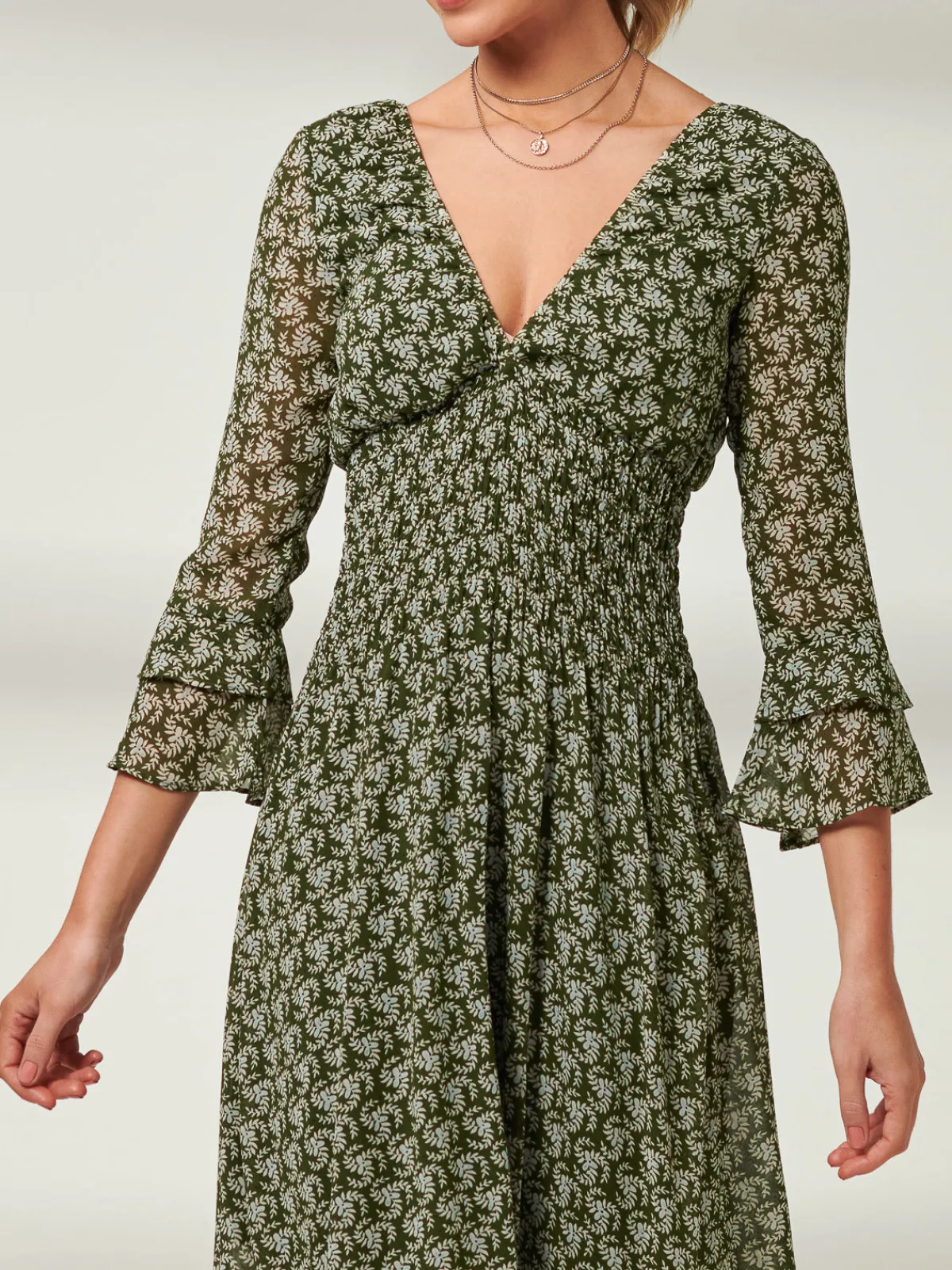 Jolie Moi Occasion Dresses|Weekend Casuals-Qaiya Shirred Chiffon Maxi Dress, Green Floral
