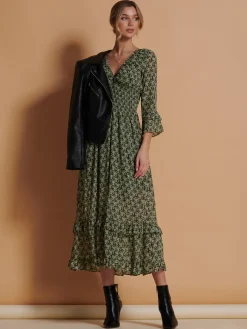 Jolie Moi Occasion Dresses|Weekend Casuals-Qaiya Shirred Chiffon Maxi Dress, Green Floral