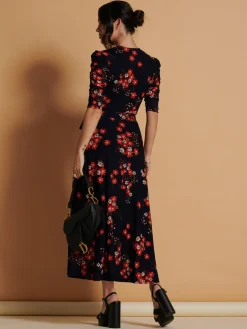Jolie Moi Occasion Dresses|Floral Dresses-Qaliyah Wrap Front Mesh Maxi Dress, Navy Orange Floral