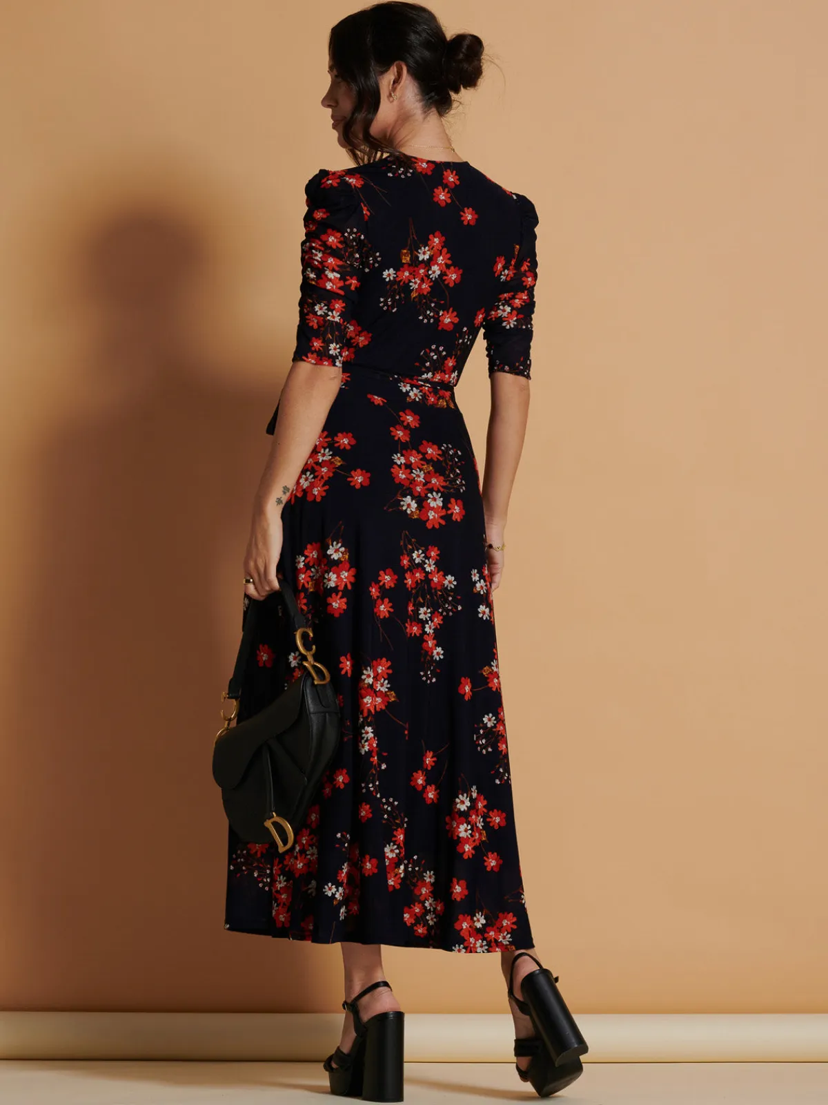 Jolie Moi Occasion Dresses|Floral Dresses-Qaliyah Wrap Front Mesh Maxi Dress, Navy Orange Floral