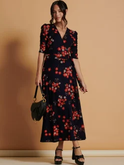 Jolie Moi Occasion Dresses|Floral Dresses-Qaliyah Wrap Front Mesh Maxi Dress, Navy Orange Floral