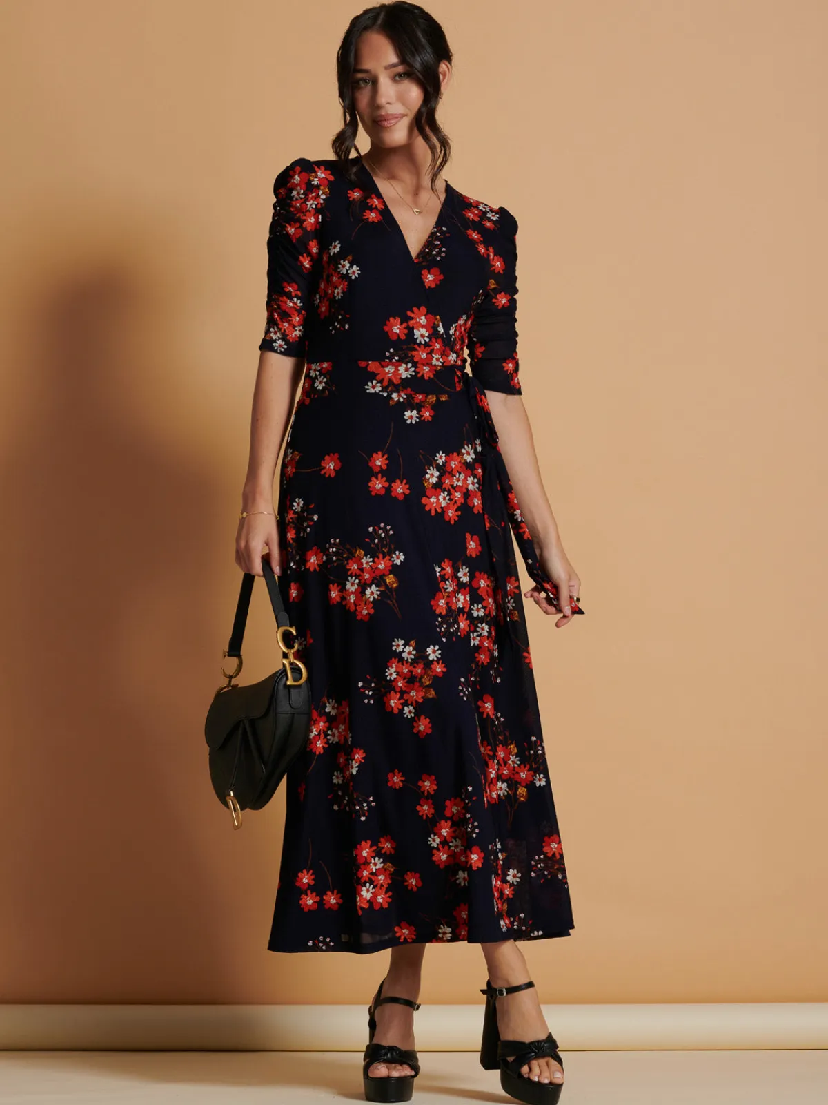 Jolie Moi Occasion Dresses|Floral Dresses-Qaliyah Wrap Front Mesh Maxi Dress, Navy Orange Floral