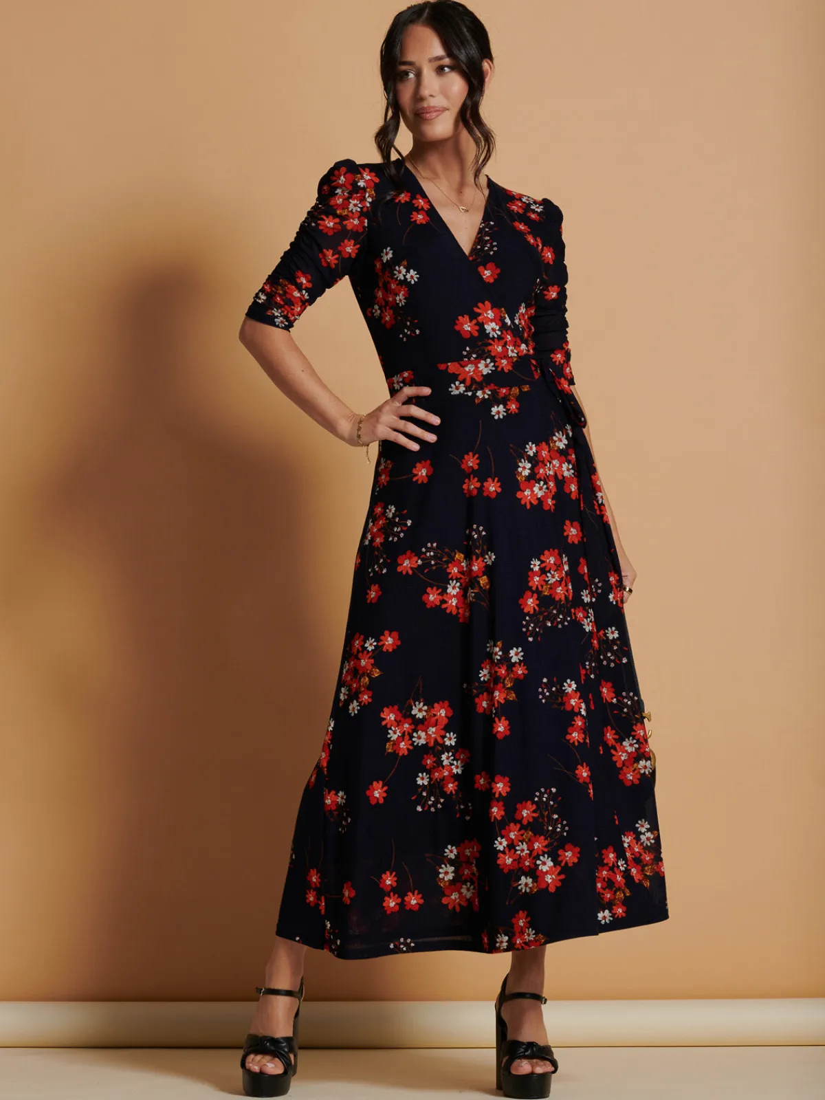 Jolie Moi Occasion Dresses|Floral Dresses-Qaliyah Wrap Front Mesh Maxi Dress, Navy Orange Floral