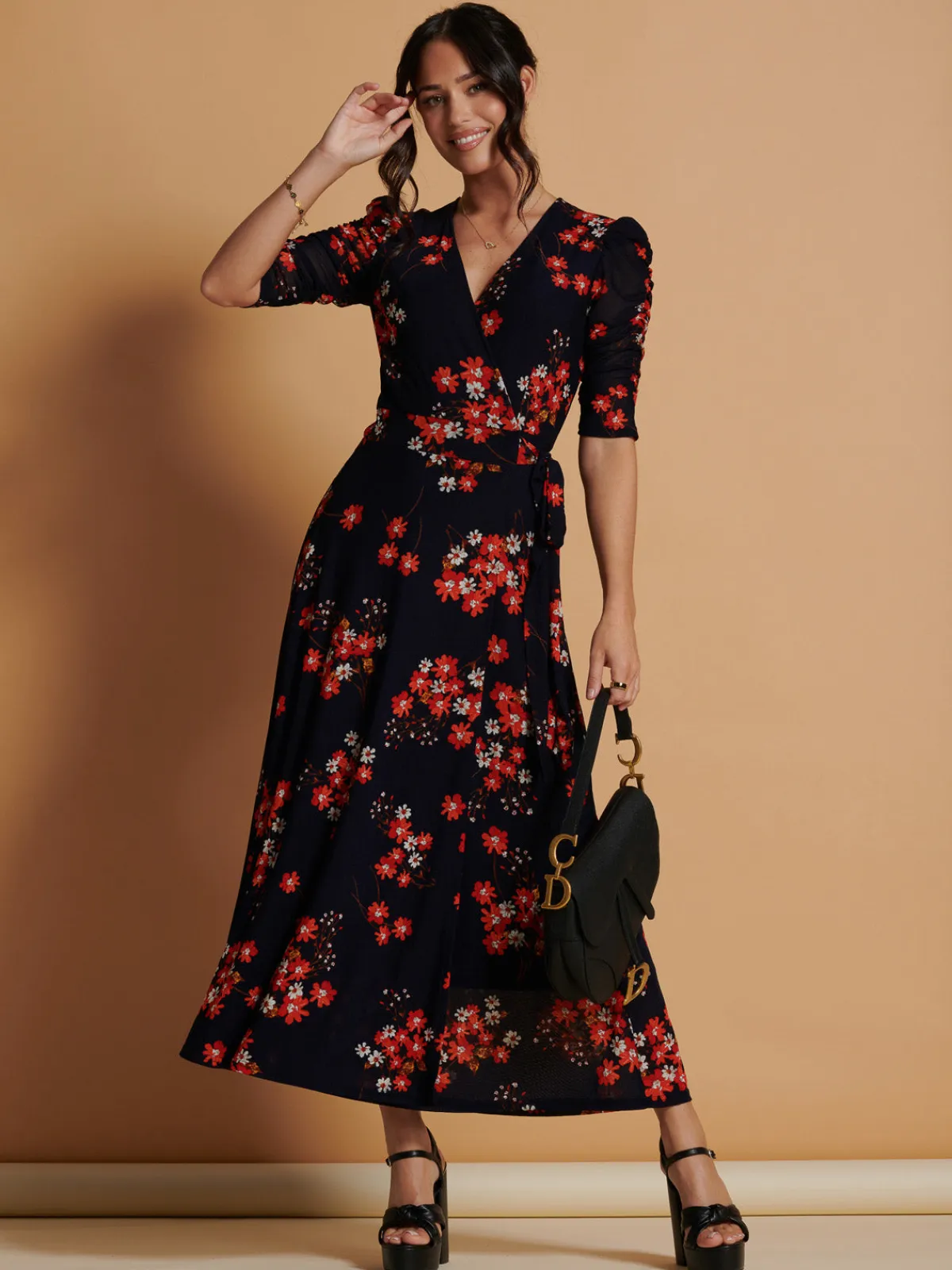 Jolie Moi Occasion Dresses|Floral Dresses-Qaliyah Wrap Front Mesh Maxi Dress, Navy Orange Floral
