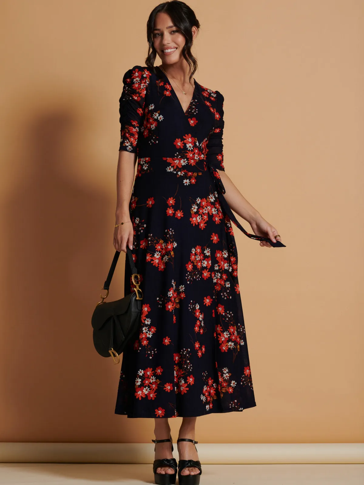Jolie Moi Occasion Dresses|Floral Dresses-Qaliyah Wrap Front Mesh Maxi Dress, Navy Orange Floral