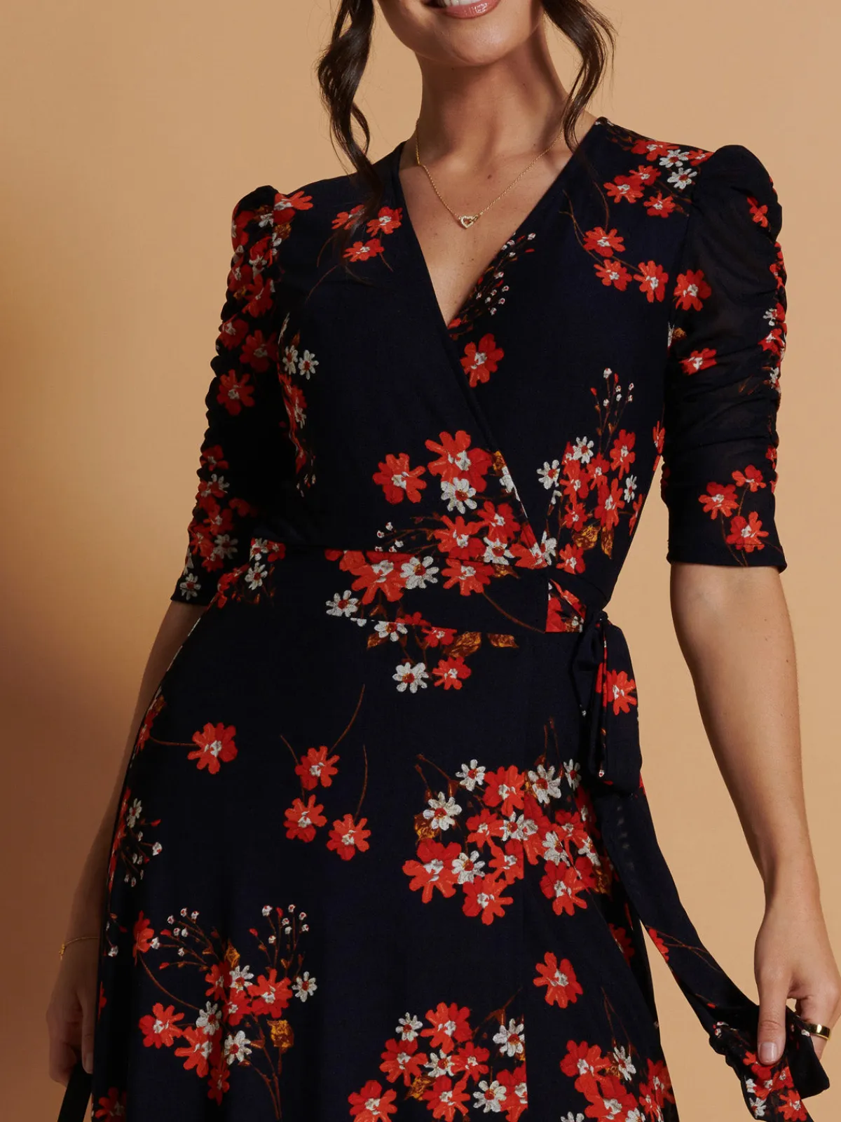 Jolie Moi Occasion Dresses|Floral Dresses-Qaliyah Wrap Front Mesh Maxi Dress, Navy Orange Floral