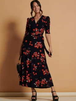 Jolie Moi Occasion Dresses|Floral Dresses-Qaliyah Wrap Front Mesh Maxi Dress, Navy Orange Floral