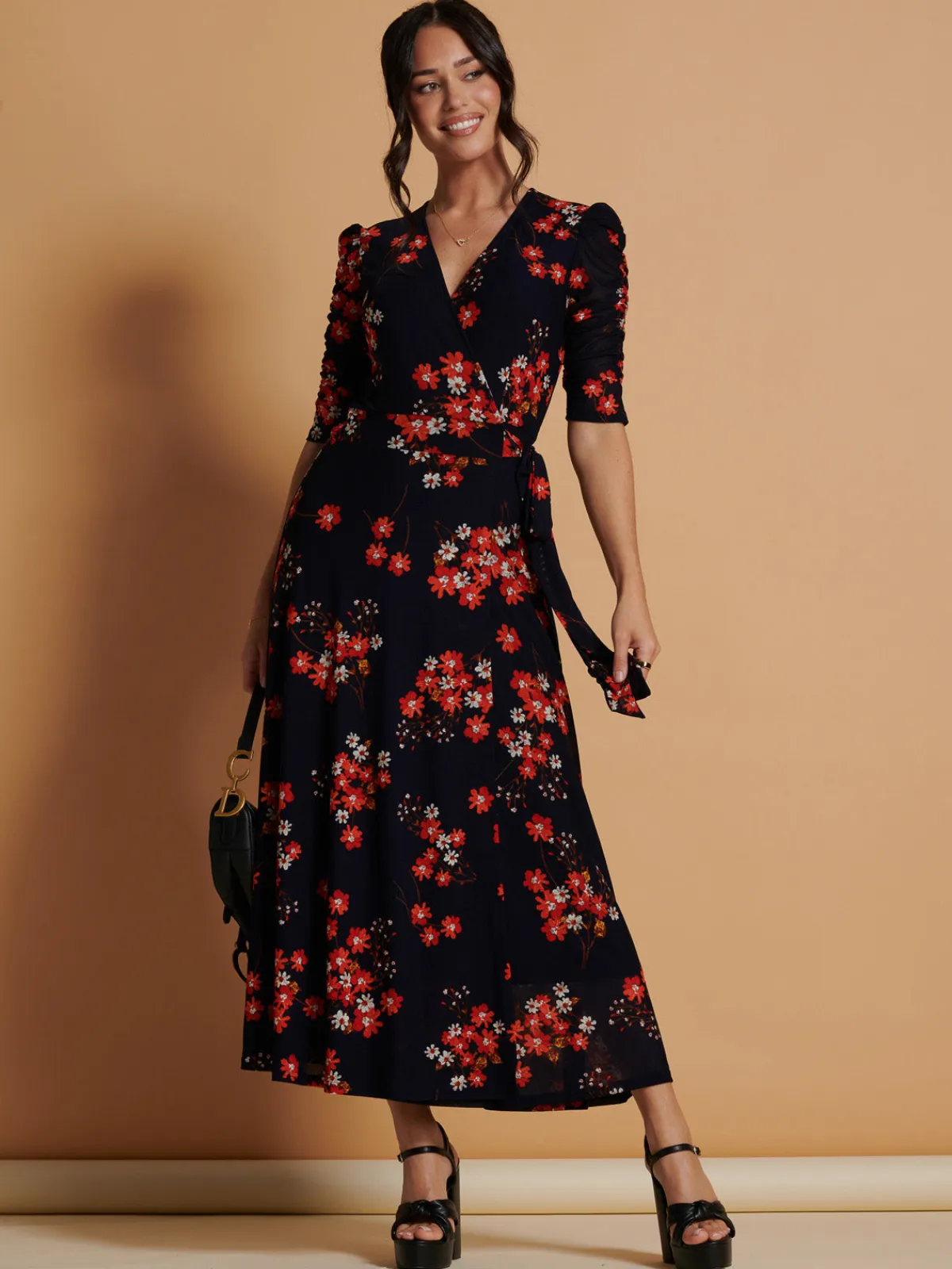 Jolie Moi Occasion Dresses|Floral Dresses-Qaliyah Wrap Front Mesh Maxi Dress, Navy Orange Floral