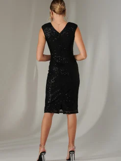 Jolie Moi Occasion Dresses|Sleeveless Dresses-Qaya Sequin V Neck Shift Dress, Black