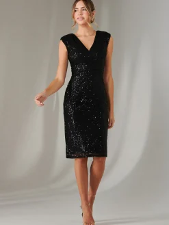 Jolie Moi Occasion Dresses|Sleeveless Dresses-Qaya Sequin V Neck Shift Dress, Black