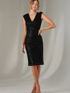 Jolie Moi Occasion Dresses|Sleeveless Dresses-Qaya Sequin V Neck Shift Dress, Black