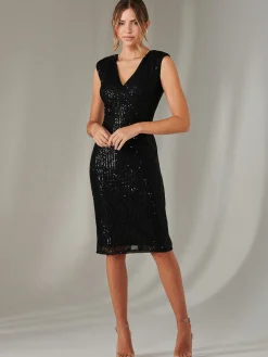 Jolie Moi Occasion Dresses|Sleeveless Dresses-Qaya Sequin V Neck Shift Dress, Black
