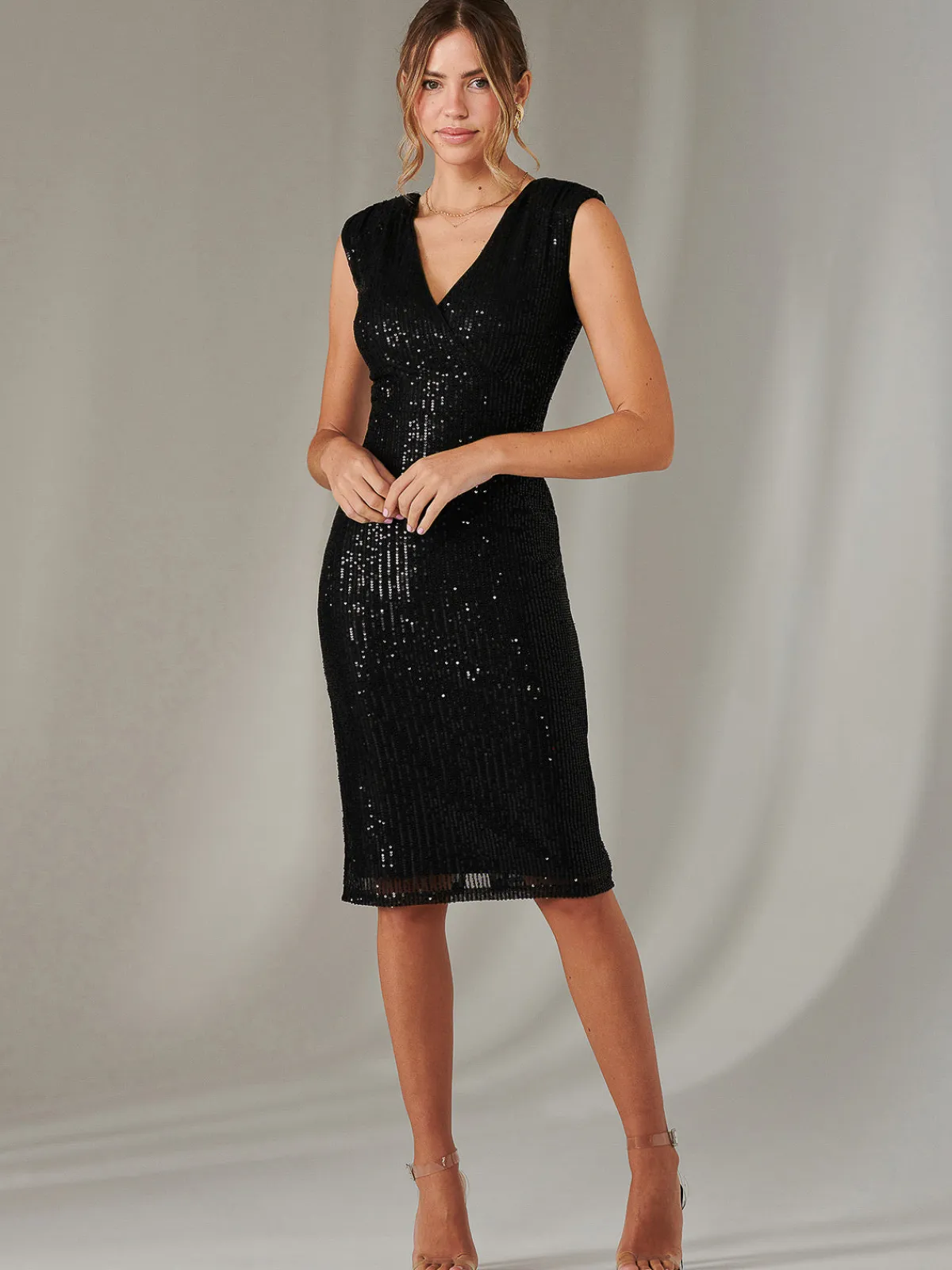 Jolie Moi Occasion Dresses|Sleeveless Dresses-Qaya Sequin V Neck Shift Dress, Black