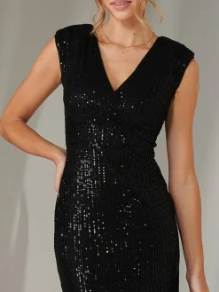 Jolie Moi Occasion Dresses|Sleeveless Dresses-Qaya Sequin V Neck Shift Dress, Black