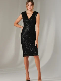 Jolie Moi Occasion Dresses|Sleeveless Dresses-Qaya Sequin V Neck Shift Dress, Black