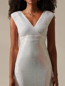 Jolie Moi Occasion Dresses|Party Dresses-Qaya Sequin V Neck Shift Dress, White Multi