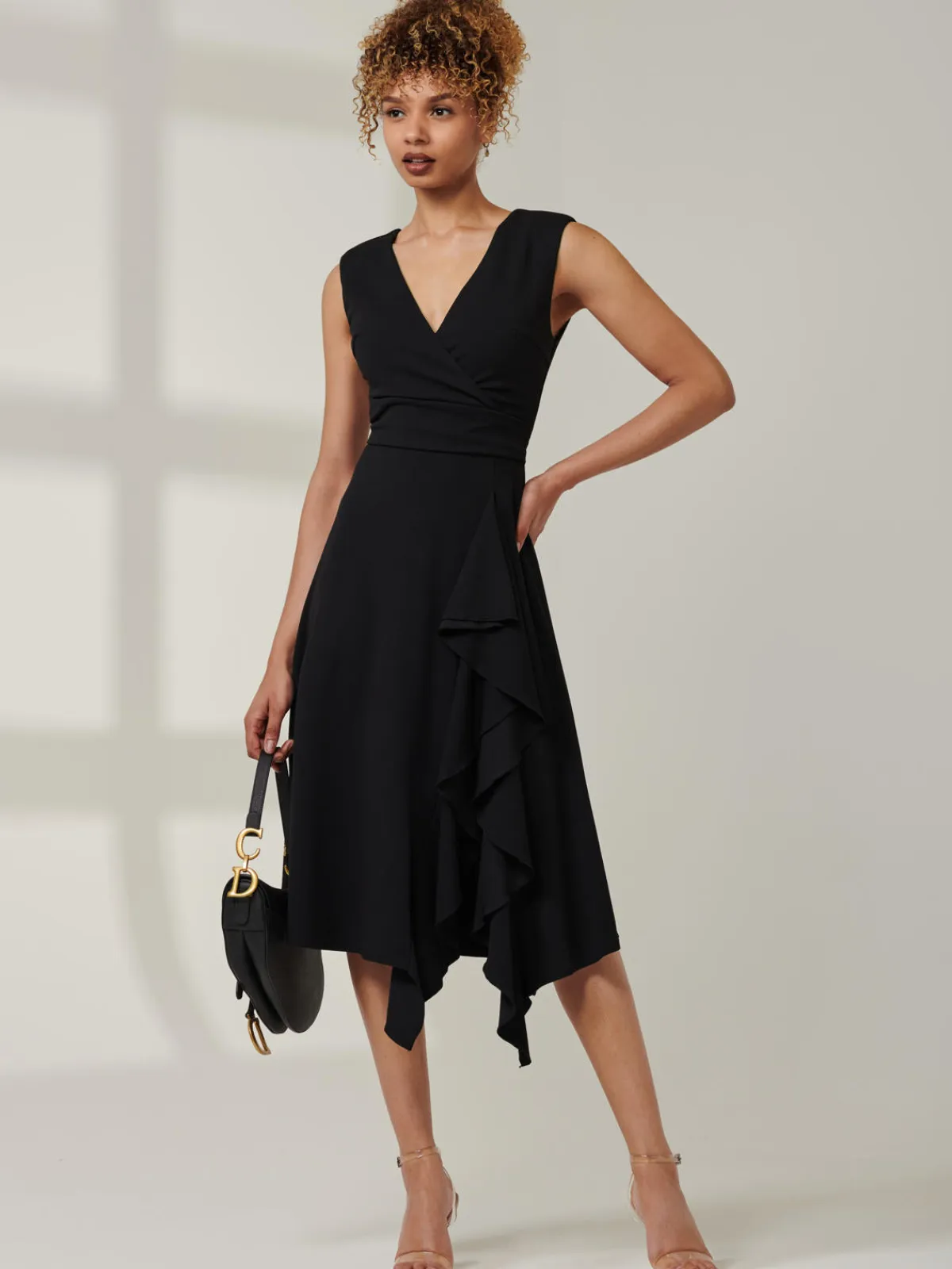 Jolie Moi Occasion Dresses|Office Dresses-Qiana Ruffle Detail Midi Dress, Black