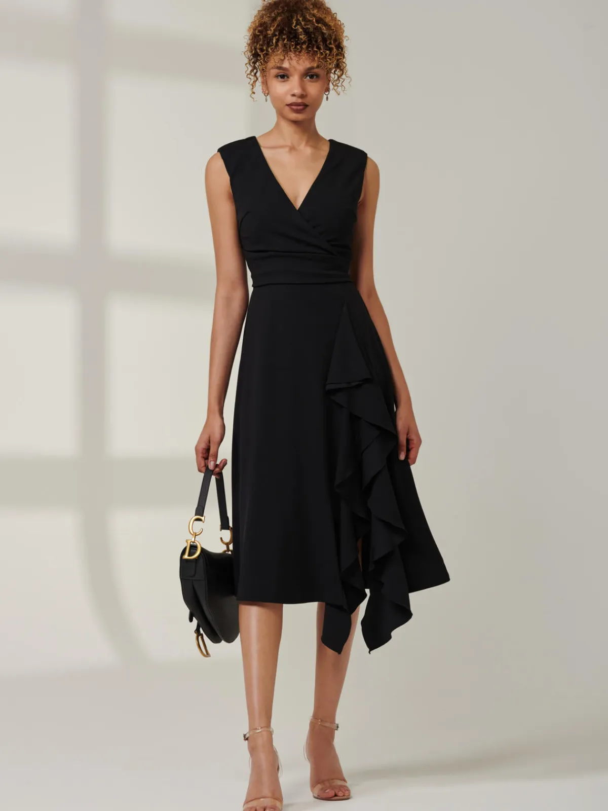 Jolie Moi Occasion Dresses|Office Dresses-Qiana Ruffle Detail Midi Dress, Black