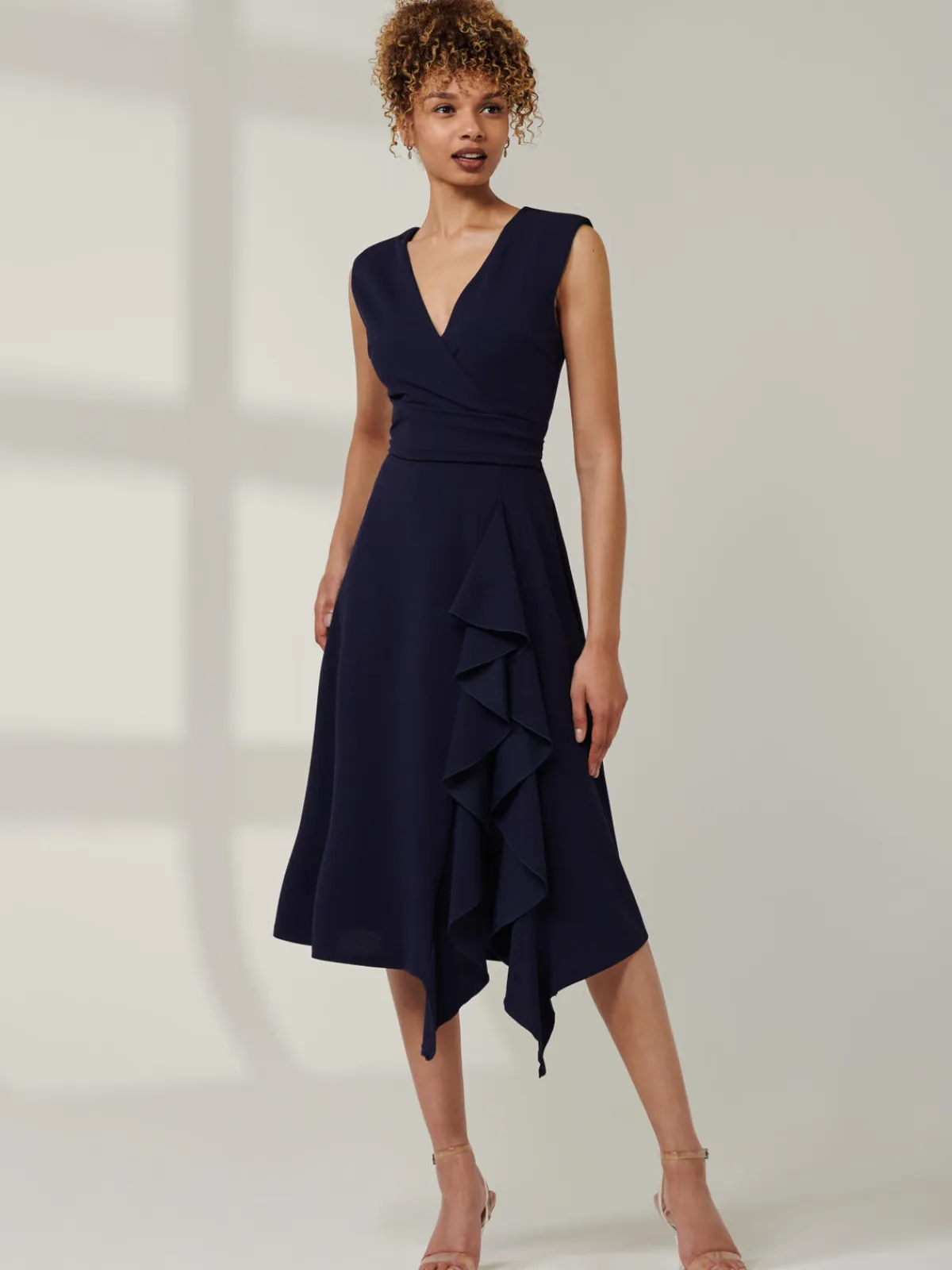 Jolie Moi Occasion Dresses|Office Dresses-Qiana Ruffle Detail Midi Dress, Navy