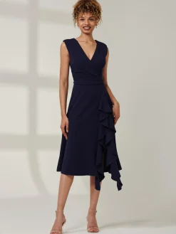 Jolie Moi Occasion Dresses|Office Dresses-Qiana Ruffle Detail Midi Dress, Navy