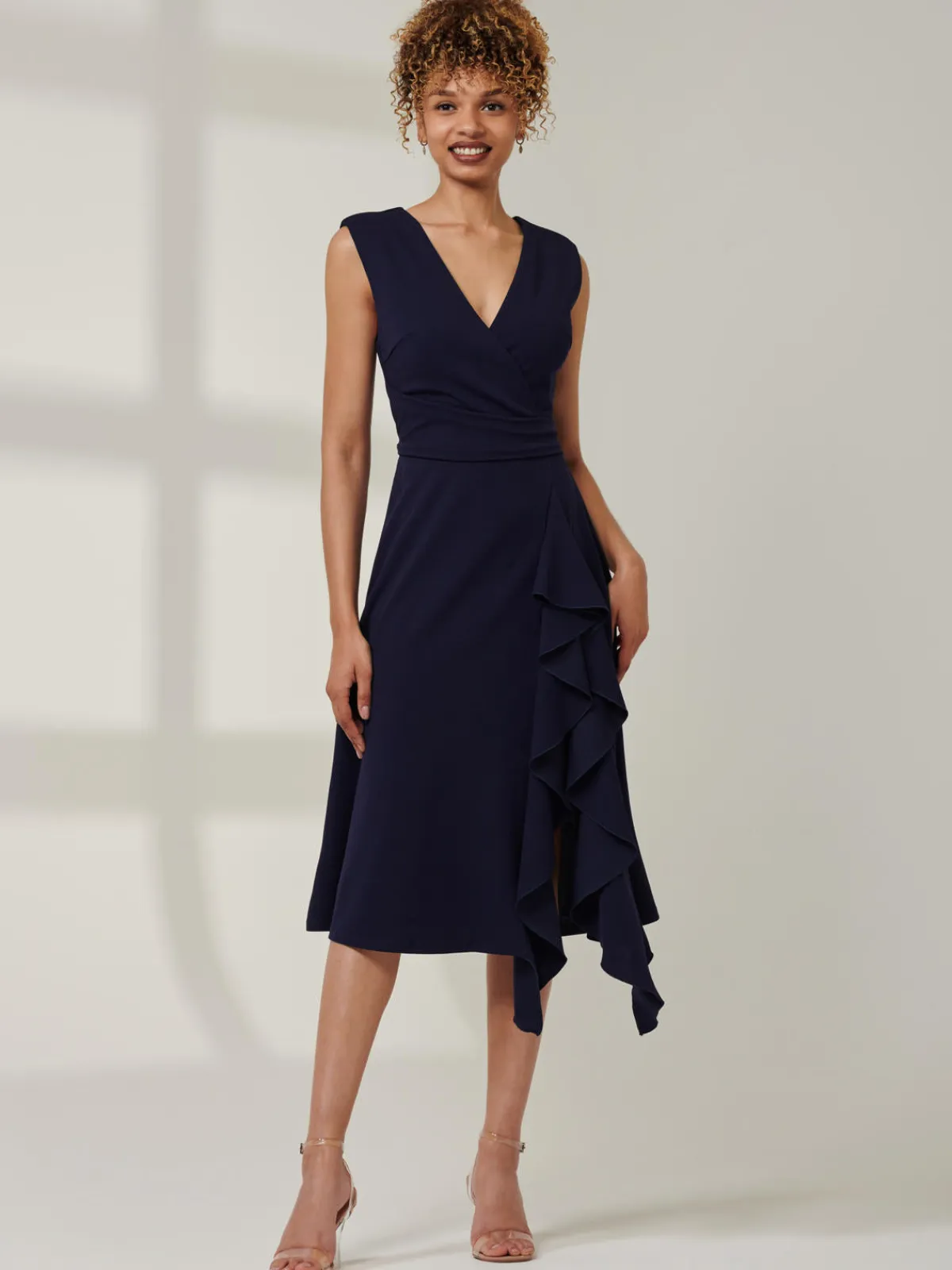 Jolie Moi Occasion Dresses|Office Dresses-Qiana Ruffle Detail Midi Dress, Navy