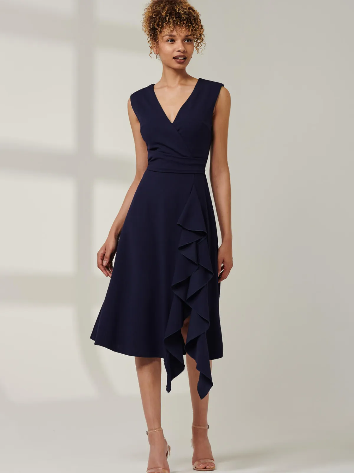 Jolie Moi Occasion Dresses|Office Dresses-Qiana Ruffle Detail Midi Dress, Navy