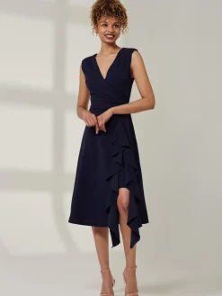 Jolie Moi Occasion Dresses|Office Dresses-Qiana Ruffle Detail Midi Dress, Navy