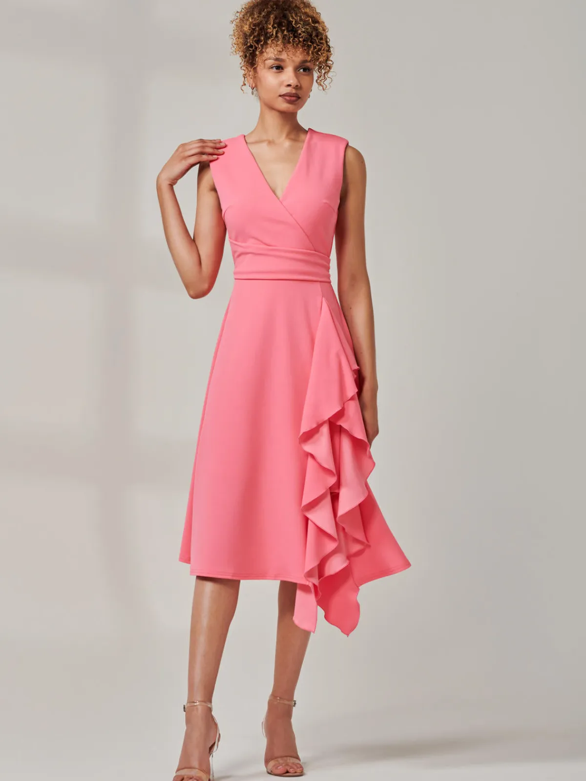 Jolie Moi Occasion Dresses|Office Dresses-Qiana Ruffle Detail Midi Dress, Pink