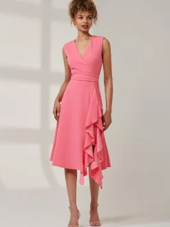 Jolie Moi Occasion Dresses|Office Dresses-Qiana Ruffle Detail Midi Dress, Pink