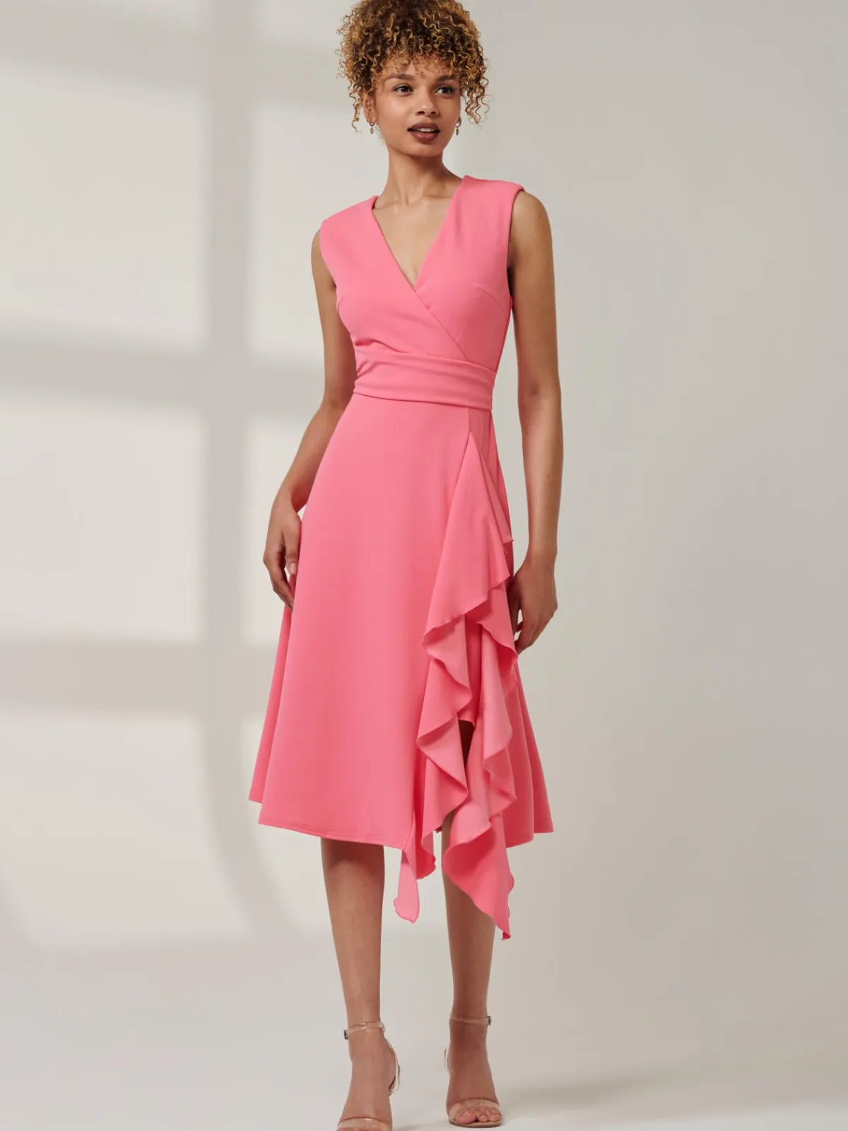 Jolie Moi Occasion Dresses|Office Dresses-Qiana Ruffle Detail Midi Dress, Pink