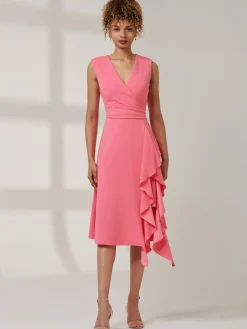 Jolie Moi Occasion Dresses|Office Dresses-Qiana Ruffle Detail Midi Dress, Pink
